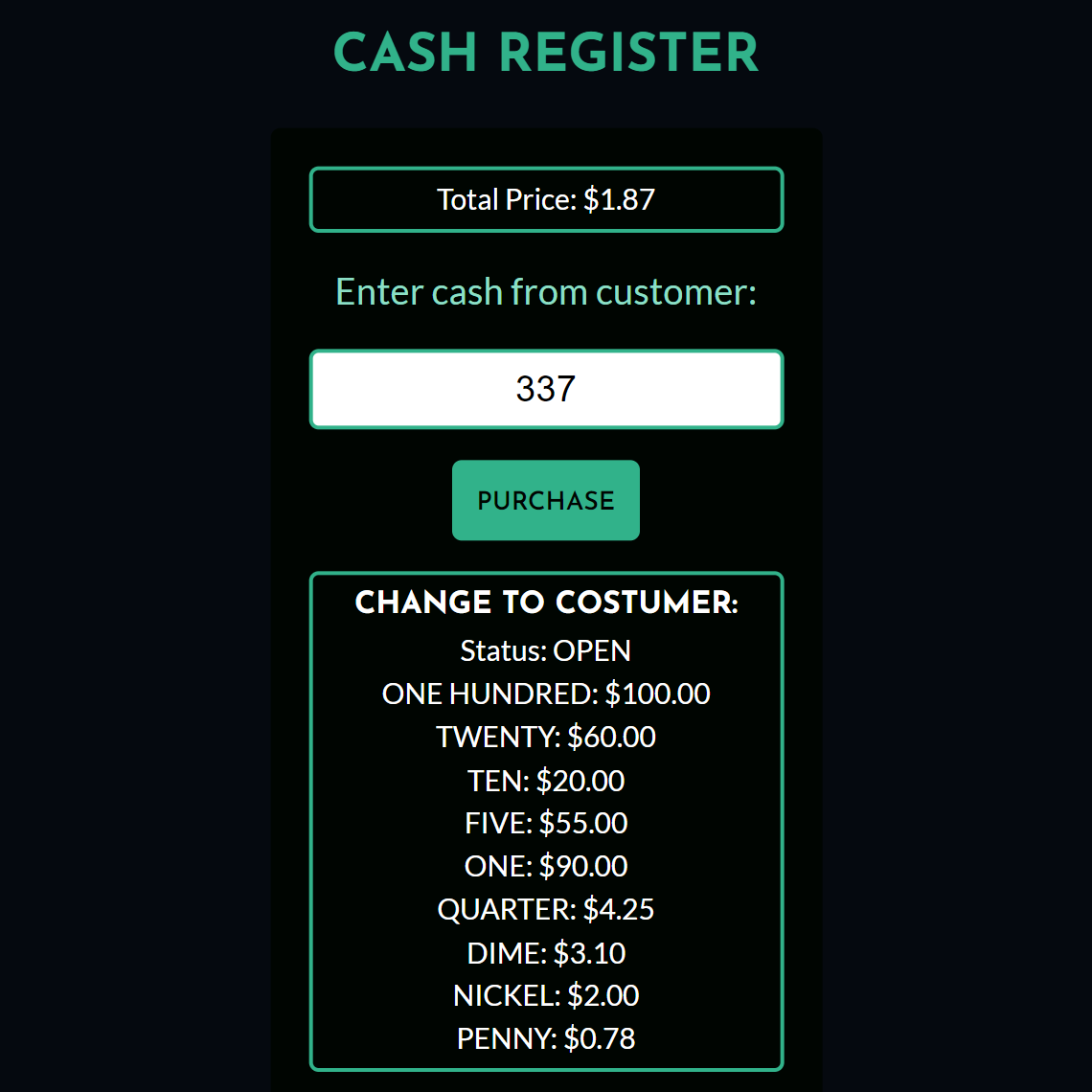 Cash Register Project Screenshot.